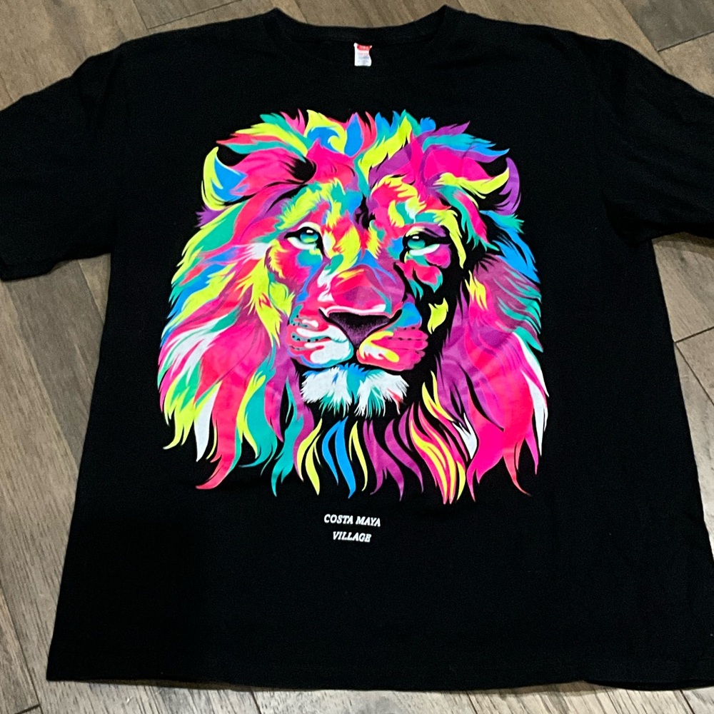 Costa Maya Village Black Short Sleeve Tee with Neon Lion Print
